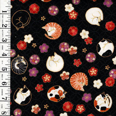 *Quilt Gate - Sleeping Cats & Floating Cherry Blossoms - Gold Metallic - HR3550-12F - Black - By the Half Yard