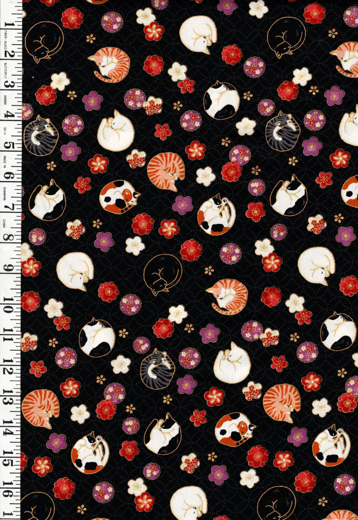 *Quilt Gate - Sleeping Cats & Floating Cherry Blossoms - Gold Metallic - HR3550-12F - Black - By the Half Yard