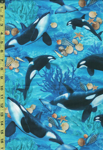 *Tropical - Jewels of the Sea - Orcas, Coral & Seashells- DCX11126-AQMA-D - Last 2 1/3 Yards