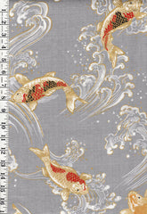 *Japanese - Hokkoh Colorful Koi/ Carp with Crested Waves - Dobby Weave - 1025-100-2B - Gray