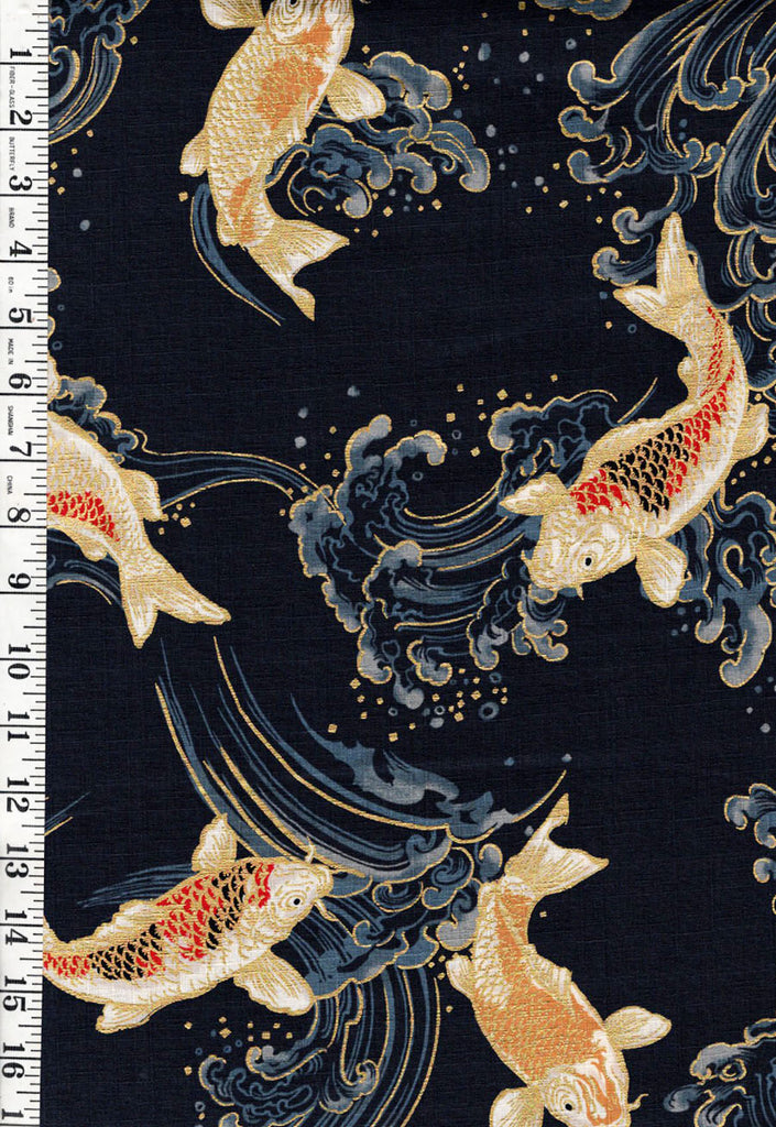 *Japanese - Hokkoh Colorful Koi/ Carp with Crested Waves - Dobby Weave - 1025-100-2D - Indigo - Last 2 3/4 Yards
