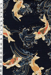 *Japanese - Hokkoh Colorful Koi/ Carp with Crested Waves - Dobby Weave - 1025-100-2D - Indigo - Last 2 3/4 Yards