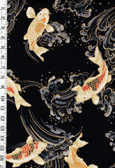 *Japanese - Hokkoh Colorful Koi/ Carp with Crested Waves - Dobby Weave - 1025-100-2E - Black