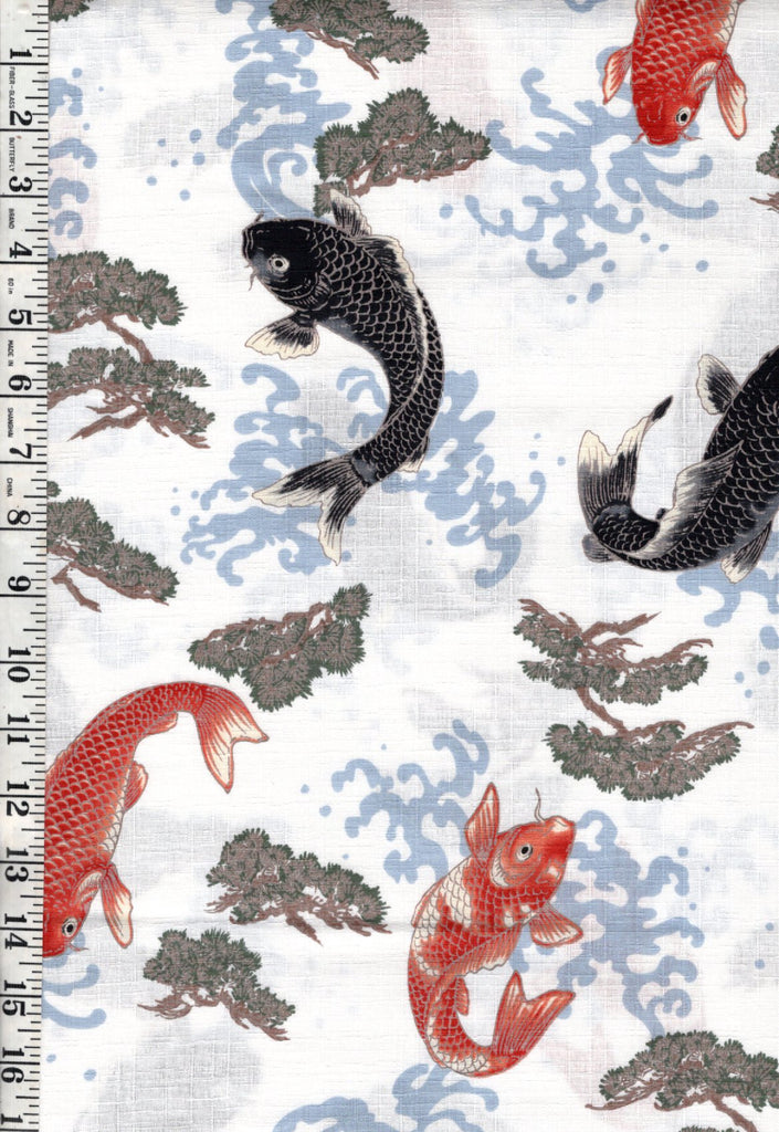 *Japanese - Hokkoh Colorful Koi/ Carp with Pine Trees & Crested Waves - Dobby Weave - 1025-1140-1A - White - By the Half Yard