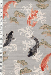 *Japanese - Hokkoh Colorful Koi/ Carp with Pine Trees & Crested Waves - Dobby Weave - 1025-1140-1B - Gray - By the Half Yard