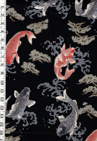 *Japanese - Hokkoh Colorful Koi/ Carp with Pine Trees & Crested Waves - Dobby Weave - 1025-1140-1E - Black - By the Half Yard