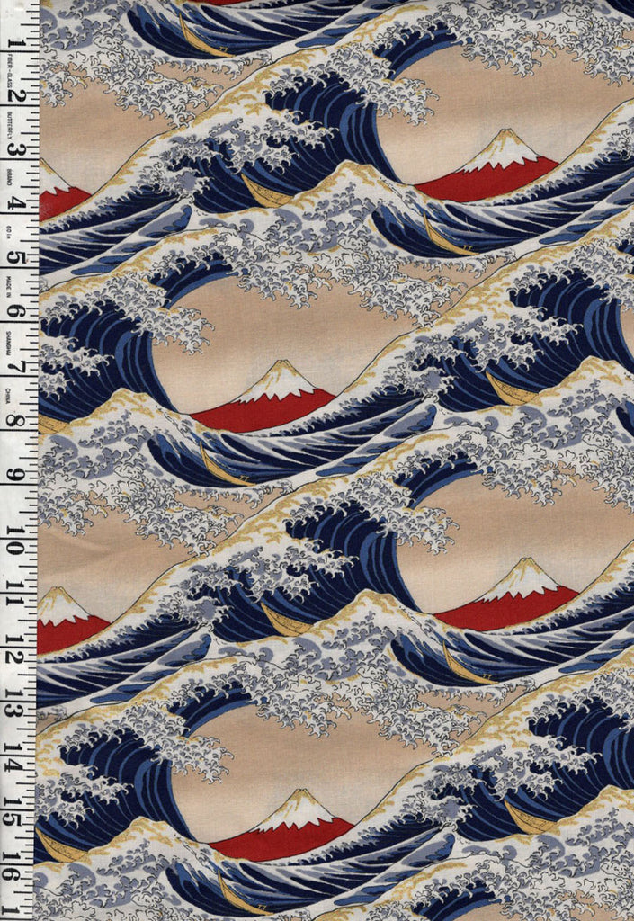 *Japanese - Asano Hokusai Great Waves & Mt. Fuji - A-2710-23A - Tan - By the Half Yard