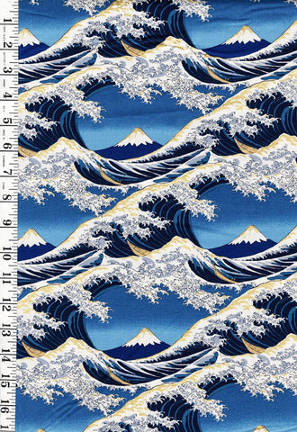 Japanese - Asano Hokusai Waves & Mt. Fuji - A-2710-23C - Navy - By the Half Yard