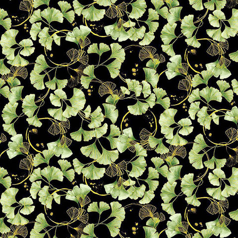 *Asian - IMPERIAL BLOOM - Ginkgo Leaf Clusters - CM4379-BLACK - By the Half Yard