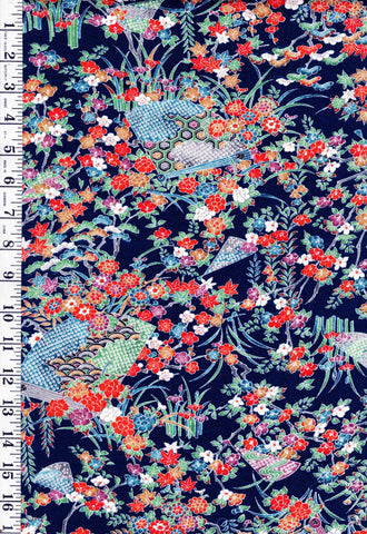 * Japanese Silk - Beautiful Iris Floral Garden - Dark Navy - 1 1/8 yards - ON SALE