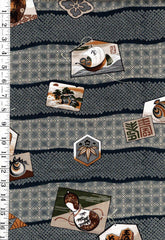 1022 - Juban - Scenic Cards & Shibori Motif Stripes- 28" Wide - Wool - Very Light Weight - Gray & Indigo - By the Yard - Last 1 1/8 Yards
