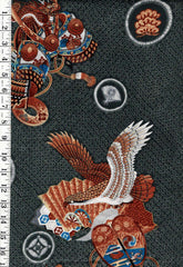 1025 - Juban - Dragon Helmut & Fans with Eagles- 29" Wide - Wool - Very Light Weight - Charcoal Gray - By the Yard