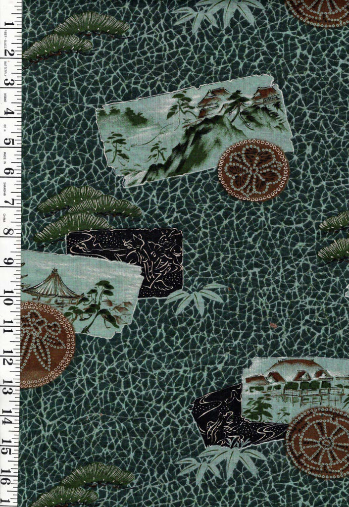 1019 - Juban - Scenic Cards & Bamboo Leaves - 28" Wide - Wool - Very Light Weight - Olive Green - By the Yard