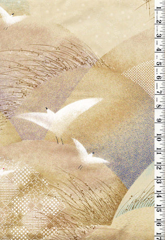 Asian - Kona Bay - Stylized Birds & Grassy Landscape - Sateen - Gold - Last 2 yards