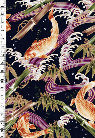 Asian - Kona Bay - Koi, Bamboo & Purple Crested Waves - Shy 1/2 yard (17