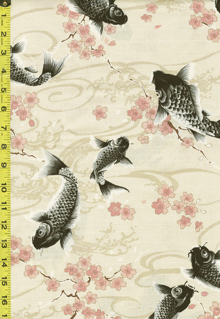 Japanese - KOKKA Todoroki Koi & Cherry Blossoms - Dobby Weave - YGA-49110-A17 -Beige