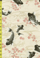 Japanese - KOKKA Todoroki Koi & Cherry Blossoms - Dobby Weave - YGA-49110-A17 -Beige