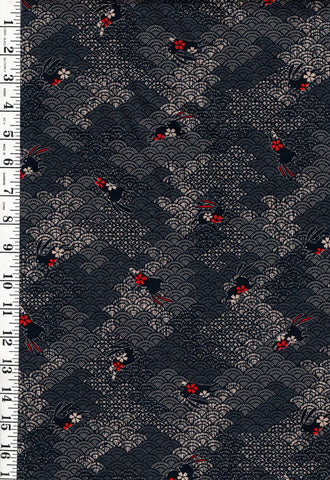 *Japanese Novelty - Bunnies & Cherry Blossoms over Waves (Seigaiha) - Charcoal - KW-3375-32A - Last 2 2/3 Yards