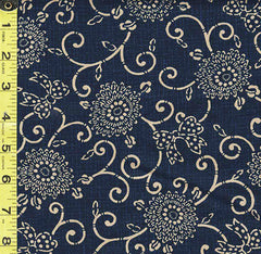 Japanese - Traditional - Tan Floral Scroll - KW-3615-1A - Navy - Indigo