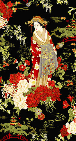 *Asian - Kyoto Garden - Beautiful Geisha Floral Garden - CM1665 - BLACK - Last 2 1/3 Yards