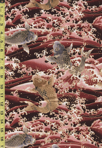 *Japanese - Naka Koi & Crested Waves - N-2700-11C - Maroon - By the Half Yard