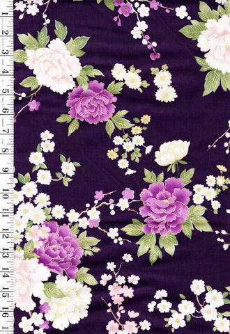 *Japanese - KOKKA - Colorful Peonies, Cherry Blossoms & Daisies - YGA-79070-2B - Purple - By the Half Yard