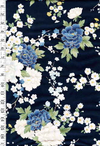 *Japanese - KOKKA - Colorful Peonies, Cherry Blossoms & Daisies - YGA-79070-2C - Dark Navy - By the Half Yard