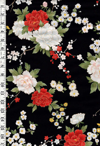 *Japanese - KOKKA - Colorful Peonies, Cherry Blossoms & Daisies - YGA-79070-2D - Black - By the Half Yard