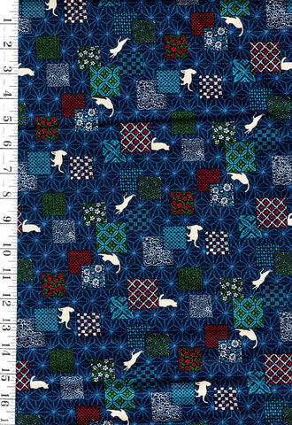*Japanese Novelty - Kurenai Cat Colorful Patchwork with Asanoha - KW-1500-1A - Blue - By the Half Yard