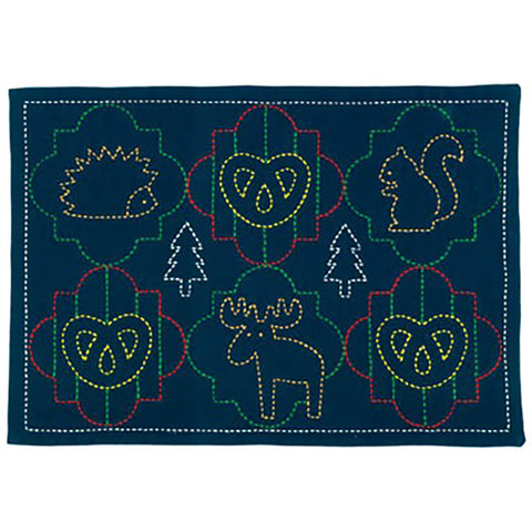 Sashiko Placemat Sampler - L-2005 - Nordic Animal Cookies (Hedgehog, Moose & Squirrel) - Navy