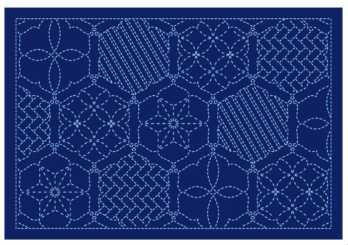 Sashiko Placemat Sampler - L-2013 - Floral Frame - Dark Navy
