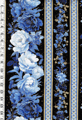 *Asian - Moonlight Collection - Peonies & Floral Stripe - LOTUS-CM3982 - Black - By the Half Yard