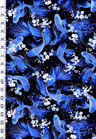 *Asian - Moonlight Collection - Koi & Cherry Blossoms - LOTUS-CM3992 - Black - By the Half Yard