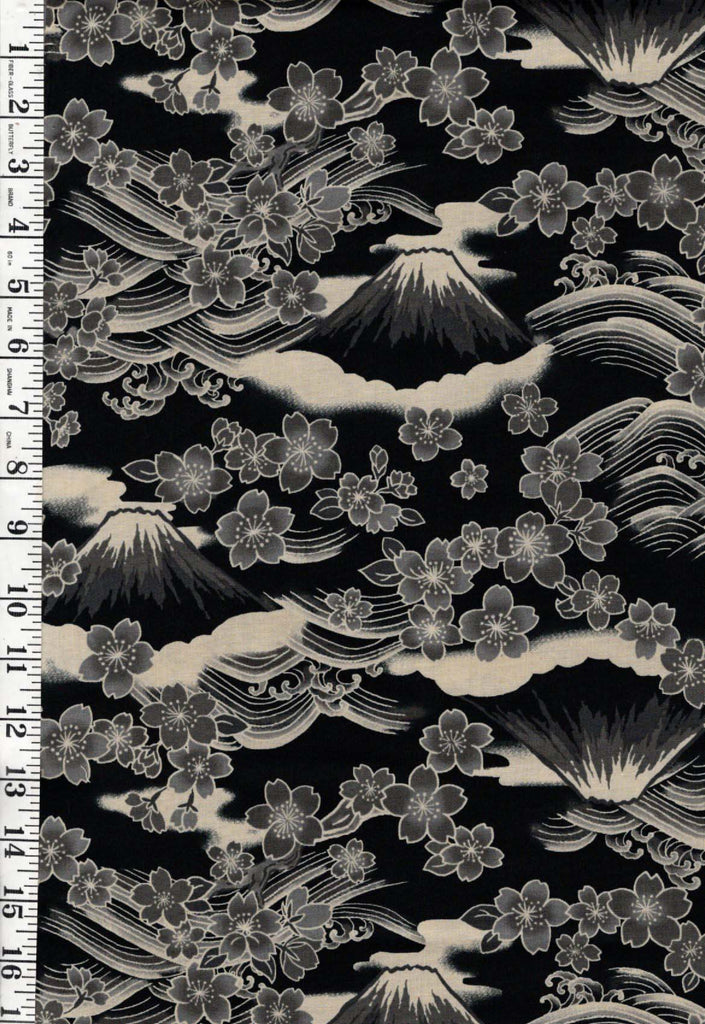 *Quilt Gate - Gosaiyuuboku Mt. Fuji & Cherry Blossoms - HR3490-13E - Black - By the Half Yard