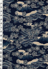 *Quilt Gate - Gosaiyuuboku Mt. Fuji & Cherry Blossoms - HR3490-13D - Navy - By the Half Yard - Last 2 7/8 Yards