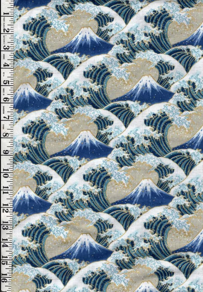 *Japanese - Cosmo Hokusai Crested Waves & Mt. Fuji - Dobby Weave - AP51903-A - TAN - By the Half Yard
