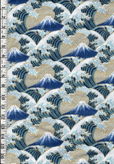 *Japanese - Cosmo Hokusai Crested Waves & Mt. Fuji - Dobby Weave - AP51903-A - TAN - By the Half Yard