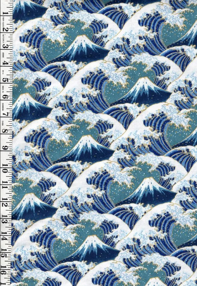 *Japanese - Cosmo Hokusai Crested Waves & Mt. Fuji - Dobby Weave - AP51903-B - TEAL - By the Half Yard