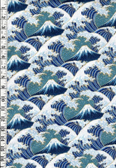*Japanese - Cosmo Hokusai Crested Waves & Mt. Fuji - Dobby Weave - AP51903-B - TEAL - By the Half Yard