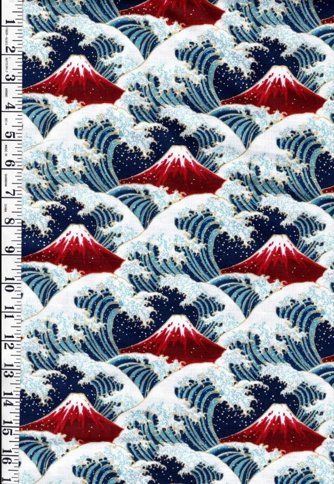 *Japanese - Cosmo Hokusai Crested Waves & Mt. Fuji - Dobby Weave - AP51903-C - NAVY - By the Half Yard
