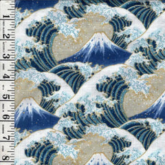 *Japanese - Cosmo Hokusai Crested Waves & Mt. Fuji - Dobby Weave - AP51903-A - TAN - By the Half Yard