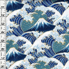 *Japanese - Cosmo Hokusai Crested Waves & Mt. Fuji - Dobby Weave - AP51903-B - TEAL - By the Half Yard