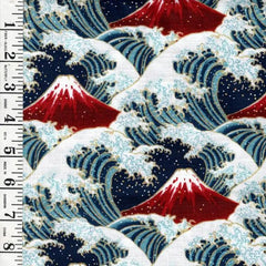 *Japanese - Cosmo Hokusai Crested Waves & Mt. Fuji - Dobby Weave - AP51903-C - NAVY - By the Half Yard