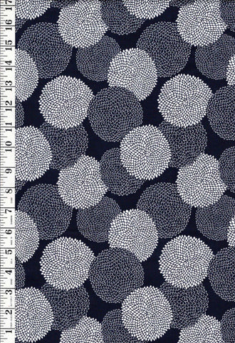 Asian - Stylized Floating Mums - Indigo (Almost Black) & White - Last 1 yard