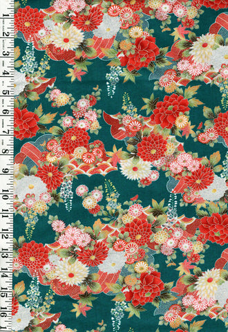 *Japanese - Naka Beautiful Floral Clusters - Mums, Daisies & Peonies with Silver Metallic - N-1750-89D - Teal Green