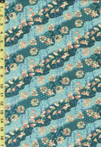 *Japanese - Naka Kanji Rivers with Small Floating Fans & Floral Bouquets - N-2000-93E - Teal - Last 1 3/8 Yards