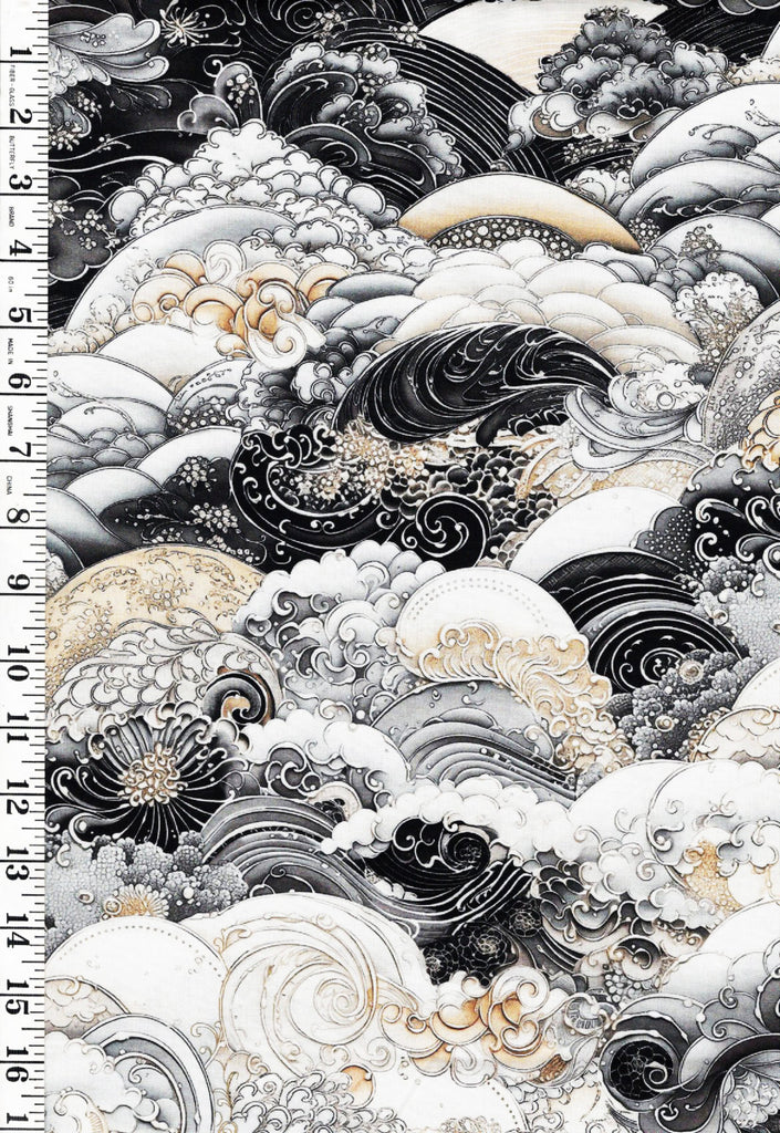 *Asian - Nami Stylized Crested Waves - WIDE BACK (108") - 5657 - Black - By the Half Yard
