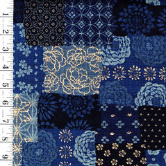 *Japanese - Sevenberry Nara Homespun - Floral Patchwork Collage with Gold Metallic - SB-88501-1-4 - Navy & Blue - Last 1 5/8 Yards