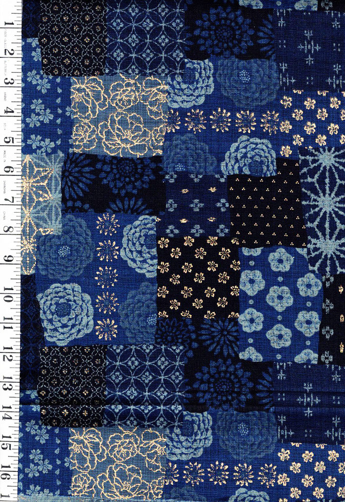 *Japanese - Sevenberry Nara Homespun - Floral Patchwork Collage with Gold Metallic - SB-88501-1-4 - Navy & Blue - Last 1 5/8 Yards