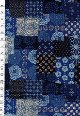 *Japanese - Sevenberry Nara Homespun - Floral Patchwork Collage with Gold Metallic - SB-88501-1-4 - Navy & Blue - Last 1 5/8 Yards